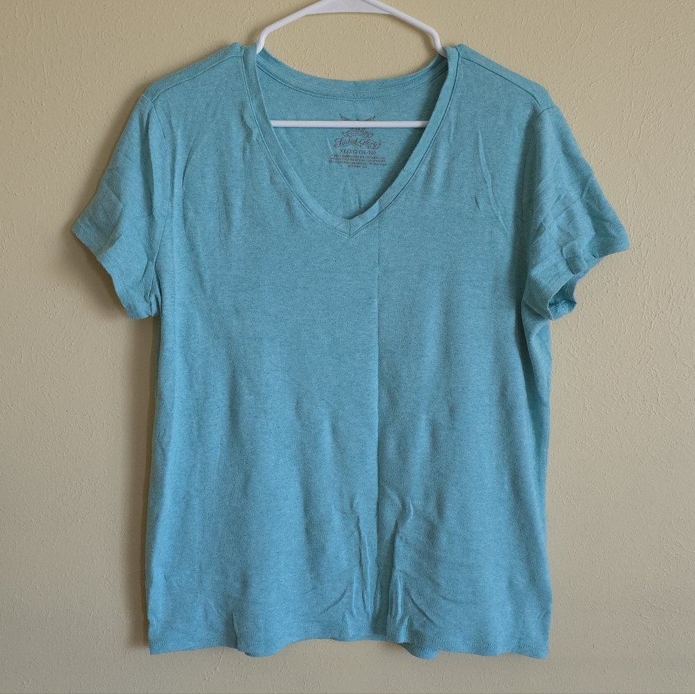 Faded Glory Short Sleeve V-neck Blue T-shirt Casual Summer Basics XL (16-18)